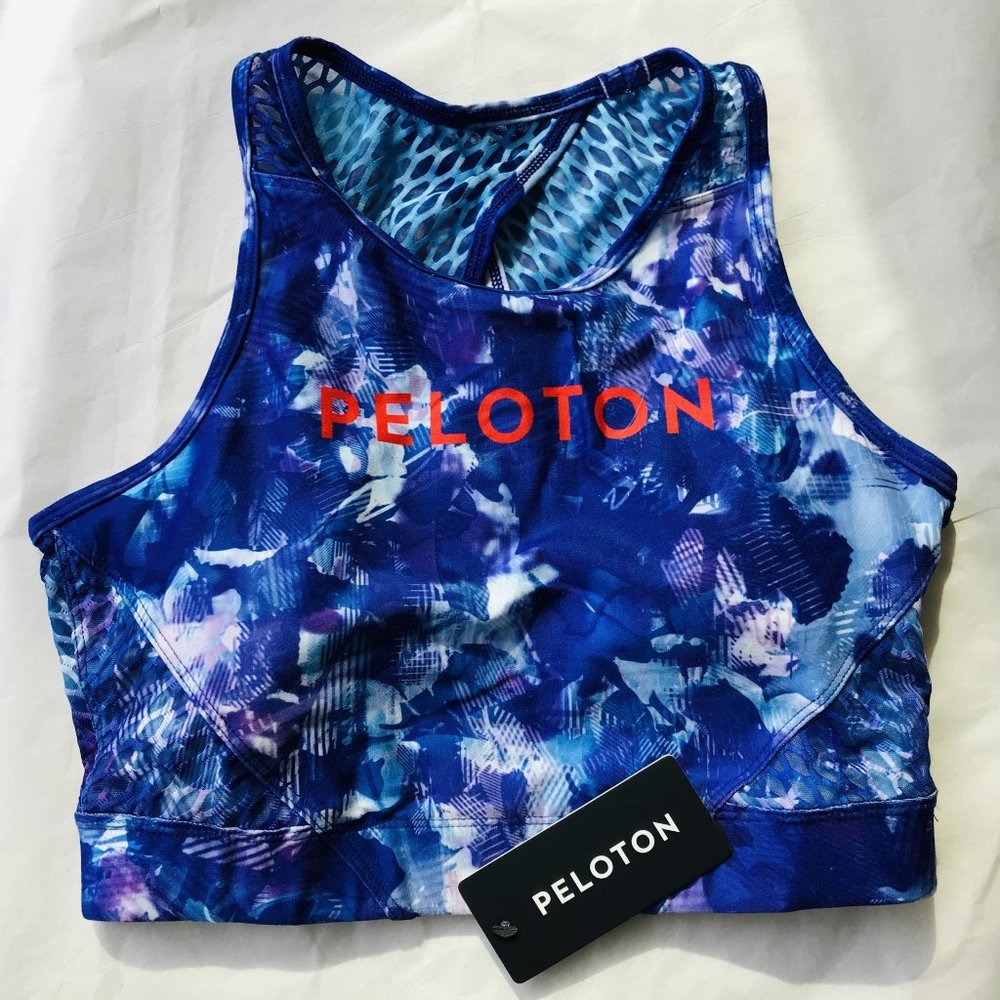 Peloton Blue Moves High Neck Sports Bra Multicolor Removable Pads Mesh Back